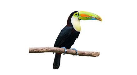 Naklejka premium White throated Toucan, perched on a wooden branch with a vibrant multicolored beak, isolated on a white or transparent background, cutout, PNG