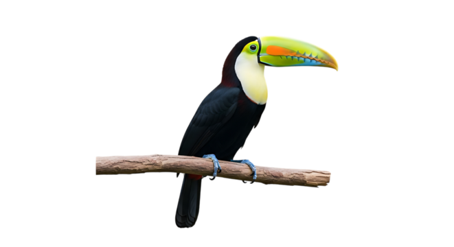 White throated Toucan, perched on a wooden branch with a vibrant multicolored beak, isolated on a white or transparent background, cutout, PNG