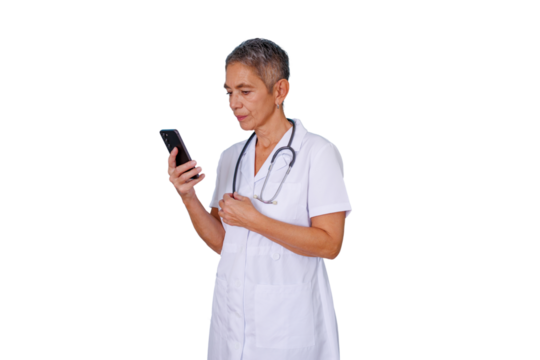 Senior female doctor using smartphone, communicating online for telemedicine, healthcare professional on transparent background