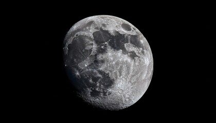 detailed close up of a full moon isolated on a black sky background showing craters and lunar texture astronomical celestial body for science or mystical themes