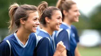 Teammates laughing and walking on field candid backs and three quarter angles camaraderie team spirit faceless no visible faces women’s sports with copy space