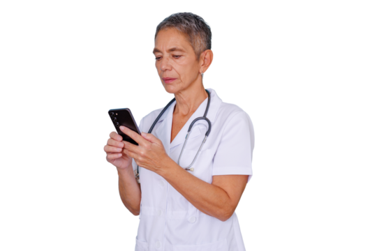 Female doctor using smartphone for telemedicine consultation, providing online healthcare and digital medical service, transparent background - Powered by Adobe