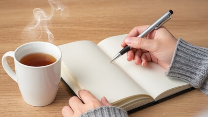Close-up of a hand in a gray knitted sweater holding a pen over an open notebook next to a steaming cup of tea, capturing a cozy winter workspace at home