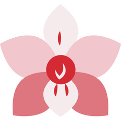 Stylized Orchid Flower Illustration in Shades of Pink and Red with a Central Red Disc and Five Petals on a Transparent Background