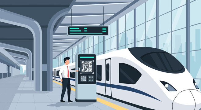Seamless journey: Passenger utilizing digital ticket vending machine on train platform
