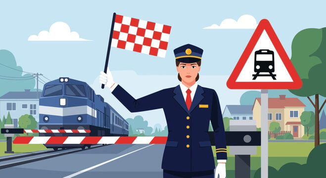 Railway Safety: A Conductor Halts Traffic with a Flag near a Train Crossing