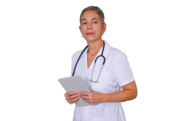 Senior woman doctor with stethoscope consulting patients using tablet for telehealth and digital healthcare