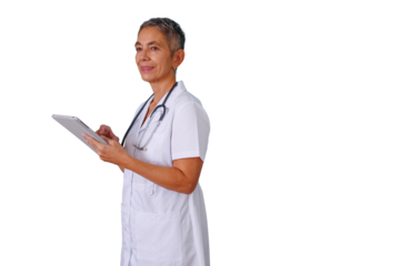 Senior woman doctor with a stethoscope wearing a lab coat, using a digital tablet for healthcare data, transparent background