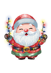 Cute Santa illustration holding colorful Christmas lights