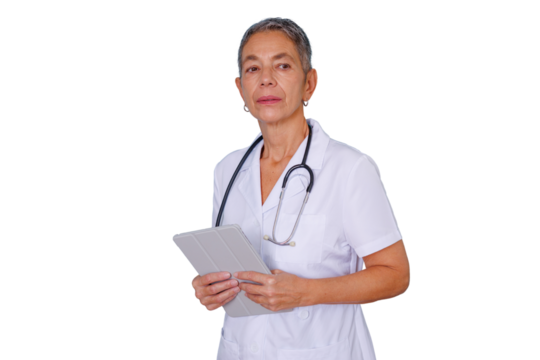 Senior woman doctor with stethoscope consulting patients using tablet for telehealth and digital healthcare