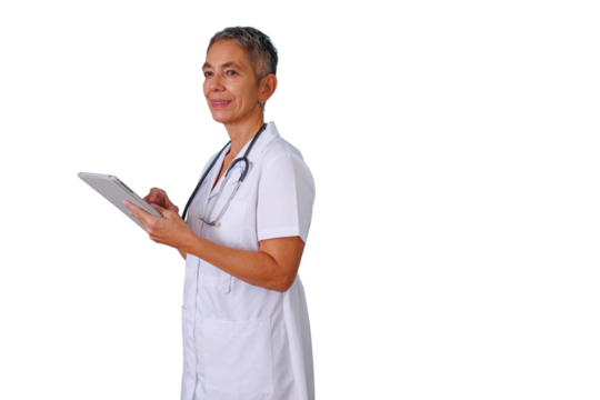 Senior woman doctor with a stethoscope wearing a lab coat, using a digital tablet for healthcare data, transparent background