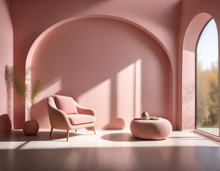 sunlit minimalist room with a plush armchair a low round table and a pale pink wall featuring arched recesses and subtle shadows