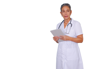 Senior woman doctor holding digital tablet and stethoscope, providing telemedicine and remote healthcare expertise, transparent background