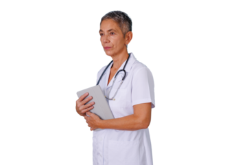 Female doctor or nurse holding a digital tablet, offering expertise, support, and medical assistance on transparent background