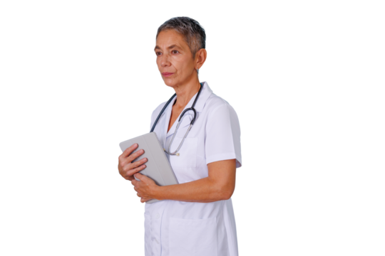 Female doctor or nurse holding a digital tablet, offering expertise, support, and medical assistance on transparent background