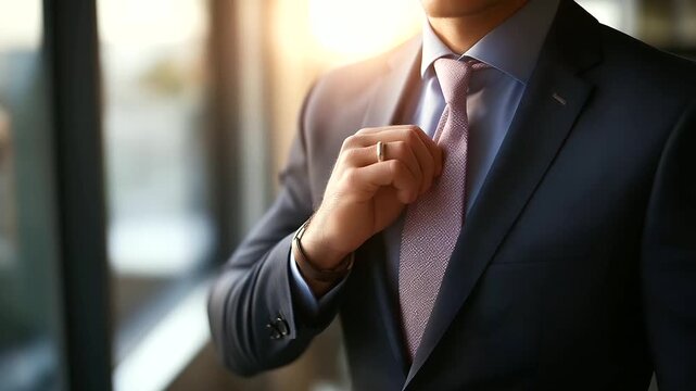 Portrait of successful businessman in office tie and suit detail head cropped at eyes soft window light corporate confidence faceless no visible faces executive portrait
