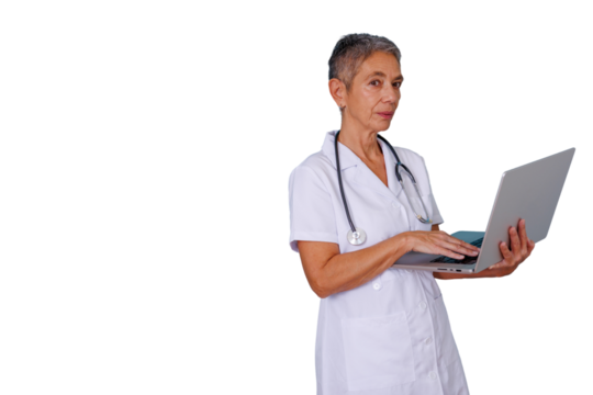 Female doctor using laptop for telehealth and digital healthcare on transparent background