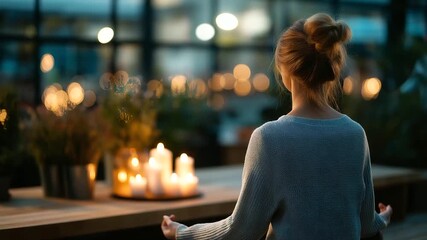 Young woman meditating in retreat setting over shoulder toward candles and plants calm tones mindfulness practice faceless no visible faces wellness center with copy space - Powered by Adobe