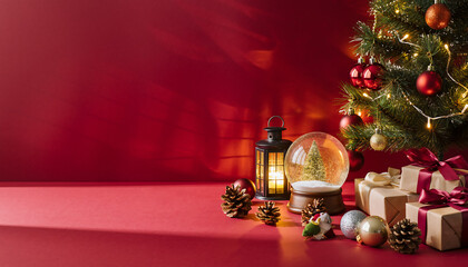 Christmas Magic: Festive Tree with Glowing Lights, Elegant Gifts, and Sparkling Snow Globe for a Joyful Holiday Season, Perfect for Celebrations