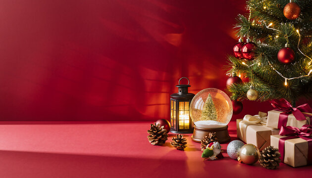 Christmas Magic: Festive Tree with Glowing Lights, Elegant Gifts, and Sparkling Snow Globe for a Joyful Holiday Season, Perfect for Celebrations