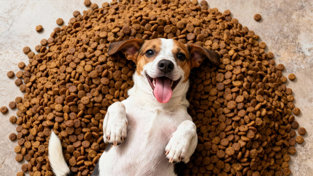 Dog joyfully lies on a bed of dry dog food, tongue out and looking at camera. Indoor setting with neutral floor tone. Concept of pet care, dog training, animal welfare