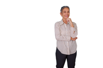 Businesswoman standing and thinking, a senior manager smiling with hand on chin against transparent background