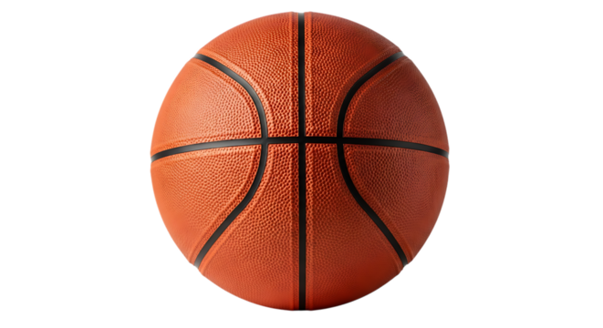 Close up of an orange textured basketball, with black seams, isolated on a white or transparent background, cutout, PNG