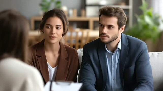 Marriage counselor meeting couple at home couch scene side angle counselor notepad foreground couple heads turned professional mediation faceless no visible faces