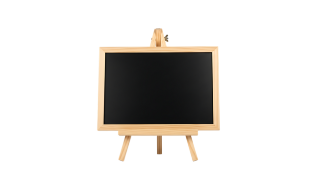 Wooden Easel Displaying a Blank Black Chalkboard, for Writing and Drawing, isolated on a white or transparent background, cutout, PNG