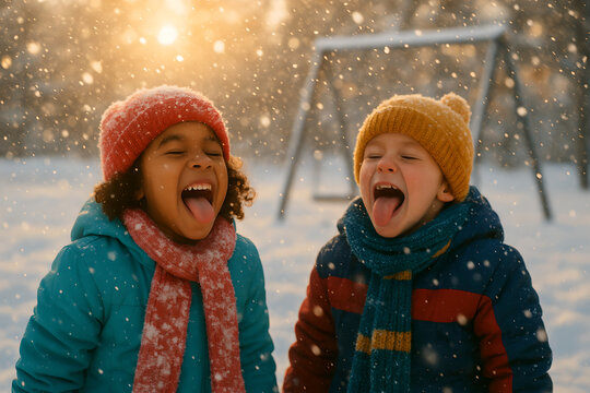 Children enjoying the winter snowfall with tongues out catching snowflakes in a playful moment