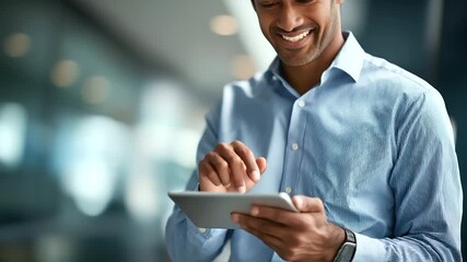 Indian businessman smiling with digital tablet three quarter torso head cropped above nose line modern interior bokeh professional technology faceless no visible faces table - Powered by Adobe