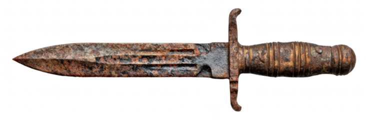 Antique rusty bayonet knife, isolated on transparent background, war relic, realistic texture, clean minimal composition