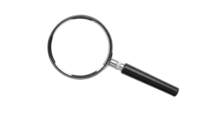Magnifying glass, with chrome rim and black handle on a white surface, isolated on a white or transparent background, cutout, PNG