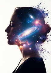 Surreal Double Exposure Woman Profile Cosmic Nebula Stars Galaxy Paint Splatter Dreamy Cinematic Portrait Inner World Space Universe Art