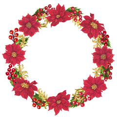 Vibrant Christmas wreath with red poinsettias, holly berries, fir branches, and gold vignettes. Elegant watercolor frame template for cards, invitation, seasonal decor, branding, label, holiday craft