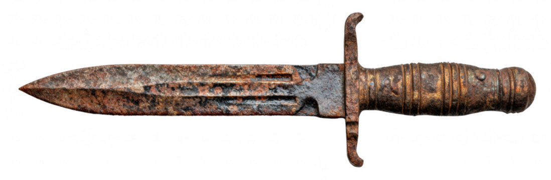 Antique rusty bayonet knife, isolated on transparent background, war relic, realistic texture, clean minimal composition