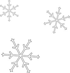 Simple outline drawings of three decorative winter snowflakes
