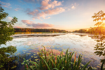 A cozy and quiet lake with a mirror-like surface in the warm rays of the setting sun. A magical place of harmony and peace.