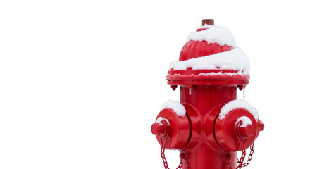 Red fire hydrant covered with snow on white background with copy space