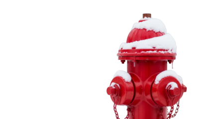 Red fire hydrant covered with snow on white background with copy space