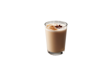 Glass of warm spiced milk with star anise on white background with copy space