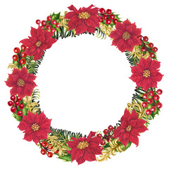 Vibrant Christmas wreath with red poinsettias, holly berries, fir branches, and gold vignettes. Elegant watercolor frame template for cards, invitation, seasonal decor, branding, label, holiday craft