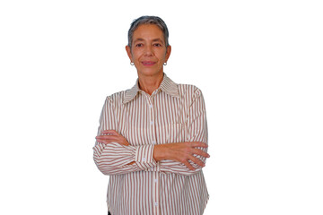 Senior woman smiling, standing with arms crossed, portraying confidence and business casual style, transparent background