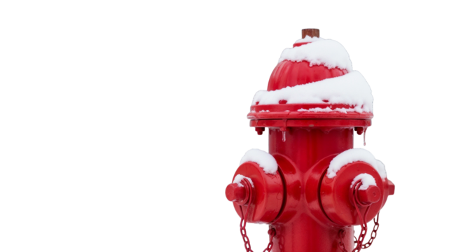 Red fire hydrant covered with snow on white background with copy space