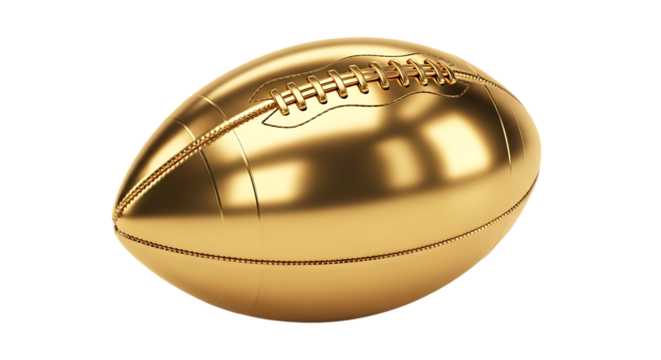 Gleaming golden American football, with detailed stitching and laces, isolated on a white or transparent background, cutout, PNG
