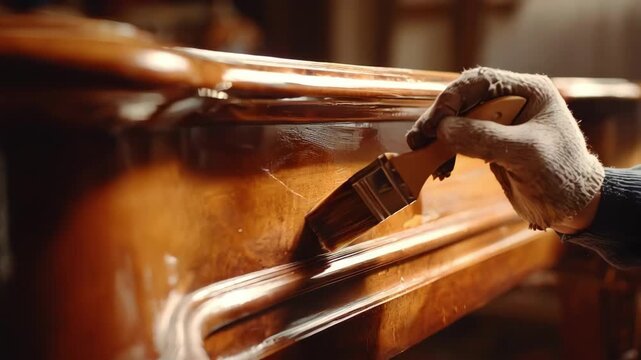 Medium shot focusing on the sanding and polishing process of a cherry wood television stand emphasizing warm tones and vintage craftsmanship