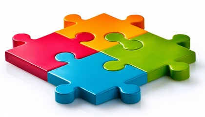 four colorful puzzle pieces assembled in a square formation isolated on white background