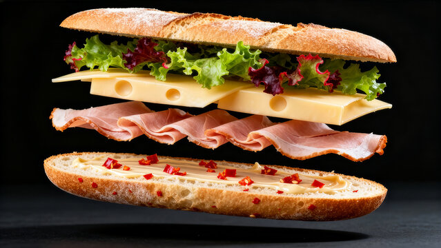 Sandwich levitating with layers of ham, cheese, and fresh lettuce. Dark backdrop highlights ingredients. Concept of culinary arts, food photography, restaurant marketing