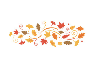 Naklejka premium Leaves drift through the air, swirling in a dynamic, scattered pattern of autumn foliage, forming a dry tree leaf motif that moves like seasonal décor, depicted as a flat vector illustration against