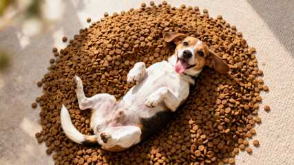 Playful beagle lies on its back surrounded by dog food in sunny living room. Joyful expression on its face. Concept of pet care, animal happiness, dog nutrition